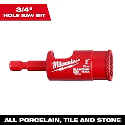 Red 3/4" Diamond Max Hole Saw for drilling porcelain, tile, and stone, with a hex shank and diamond-coated cutting edge.