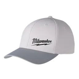 White and gray WORKSKIN Performance Fitted Hat featuring a black "Milwaukee" logo with a lightning bolt.