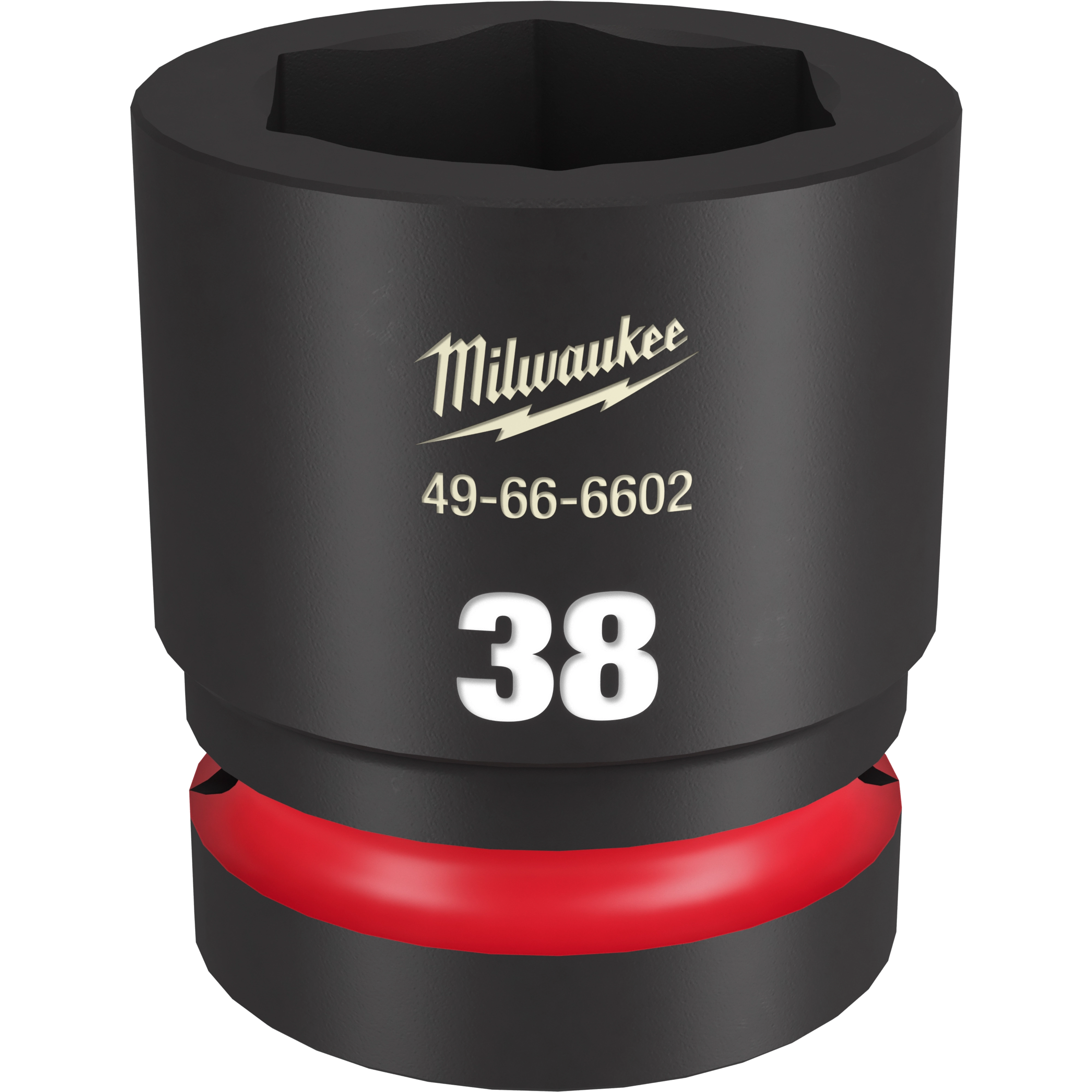 The 1" DR 38MM STD IMPACT SOCKET is a black impact socket with a red ring near its base. The socket is labeled "38" in large white numbers and "Milwaukee 49-66-6602" in smaller text.