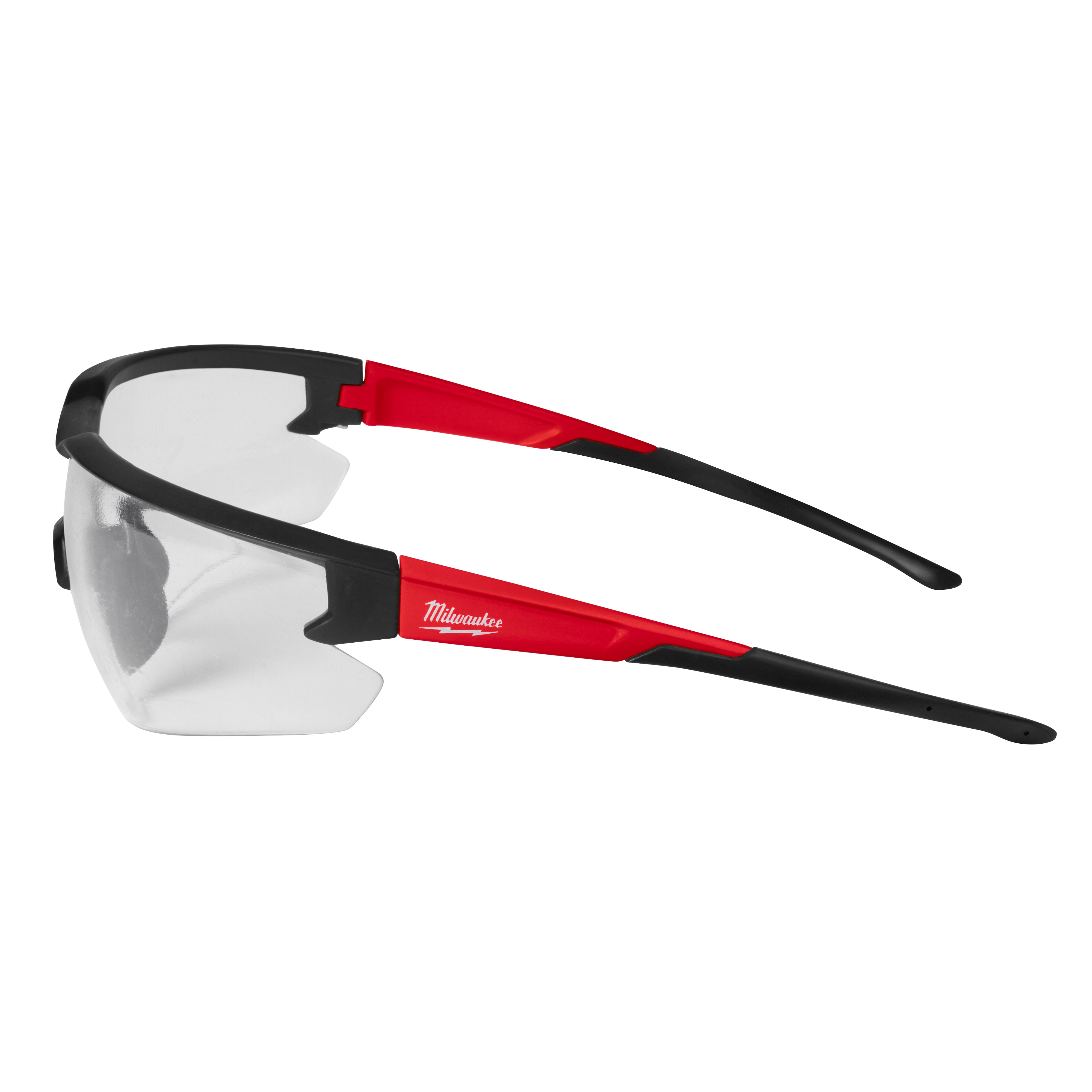 Safety Glasses - Clear Anti-Scratch Lenses with black and red frame. Text on the temple reads "Milwaukee" in white.