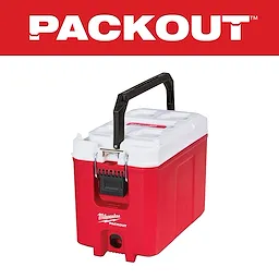 Milwaukee Packout compact toolbox with a red base, white lid, and a black handle, displayed against a red background featuring the "PACKOUT" logo.