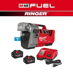 The image shows the M18 FUEL™ RINGER™ Roll Groover for 1-1/4” - 4” Sch 10/40, 6” Sch 10. It is a red and gray tool with two battery packs and a charger. The Milwaukee logo and product name are visible.