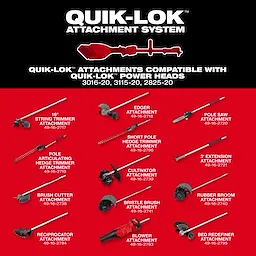 Red QUIK-LOK attachment system layout displaying labeled outdoor tool attachments on a black and red background.