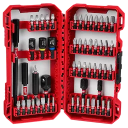 The image shows the SHOCKWAVE™ Impact Duty Driver Bit Set - 55PC. It features a red, open case with a variety of bits and driver heads neatly organized inside, spread across both sides of the case.