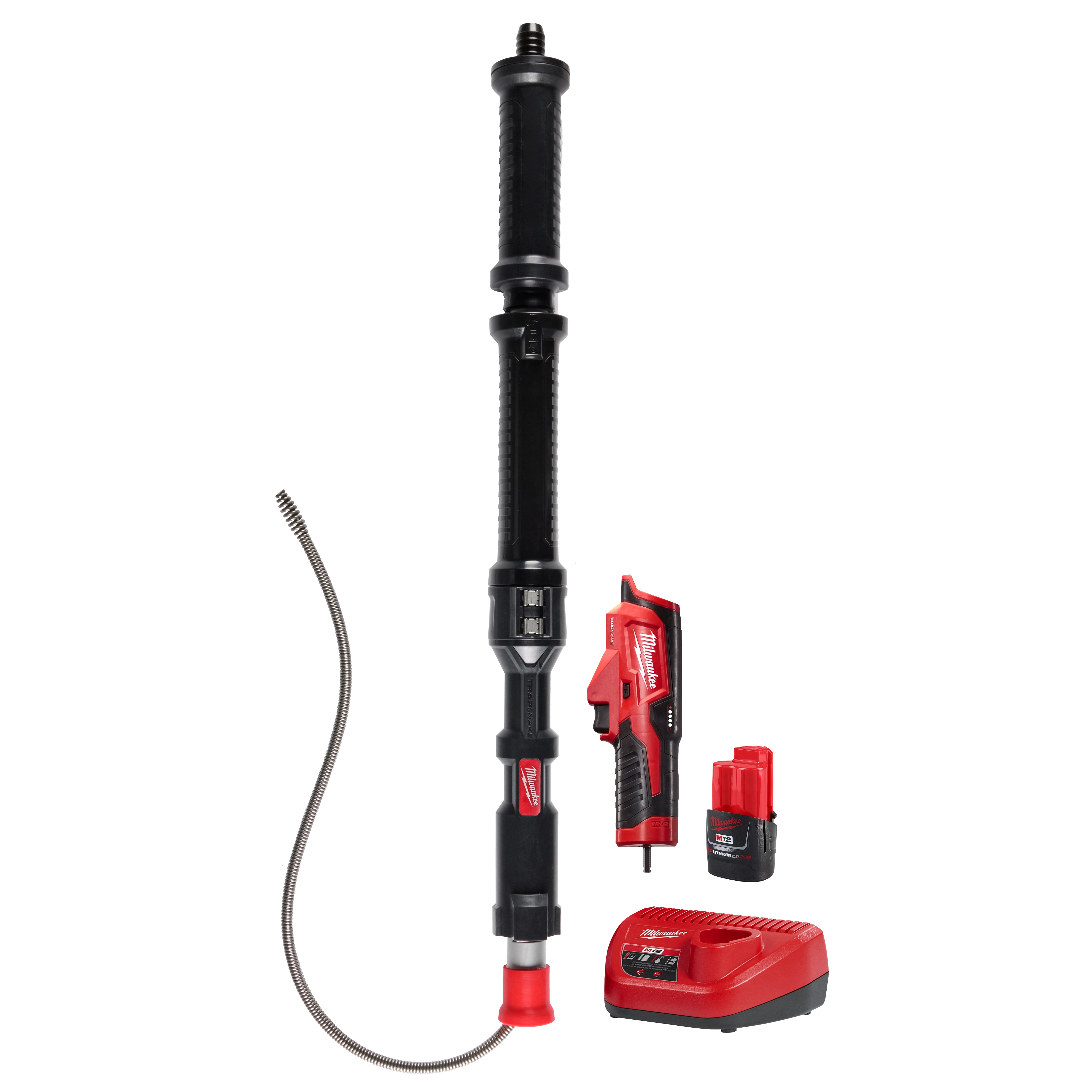 M12 TRAPSNAKE 4' Urinal Auger with battery, charger, and red handle attachment, featuring a flexible metal cable.