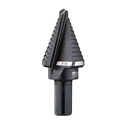 The %237%20Step%20Drill%20Bit is a black, conical-shaped drill bit with multiple stepped cutting edges, designed for creating holes of varying diameters. The bit is marked with a 7/8 size indication.