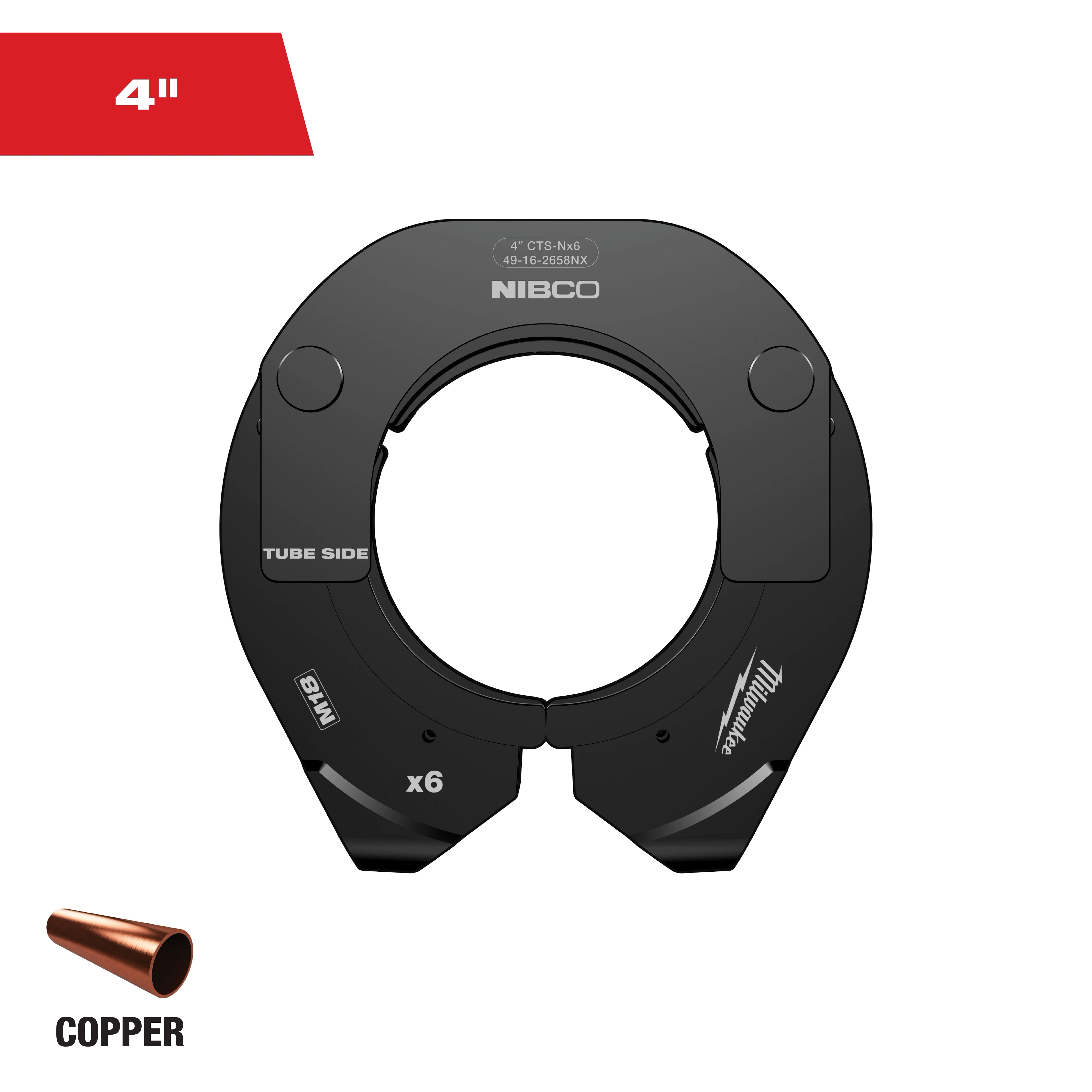 The image shows a black, circular Milwaukee and Nibco-branded tool used for crimping 4-inch copper tubes. A small depiction of a copper tube and the word "COPPER" are visible in the bottom left corner. The "4''" label is at the top left.