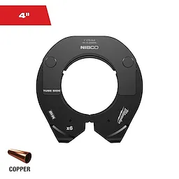 The image shows a black, circular Milwaukee and Nibco-branded tool used for crimping 4-inch copper tubes. A small depiction of a copper tube and the word "COPPER" are visible in the bottom left corner. The "4''" label is at the top left.