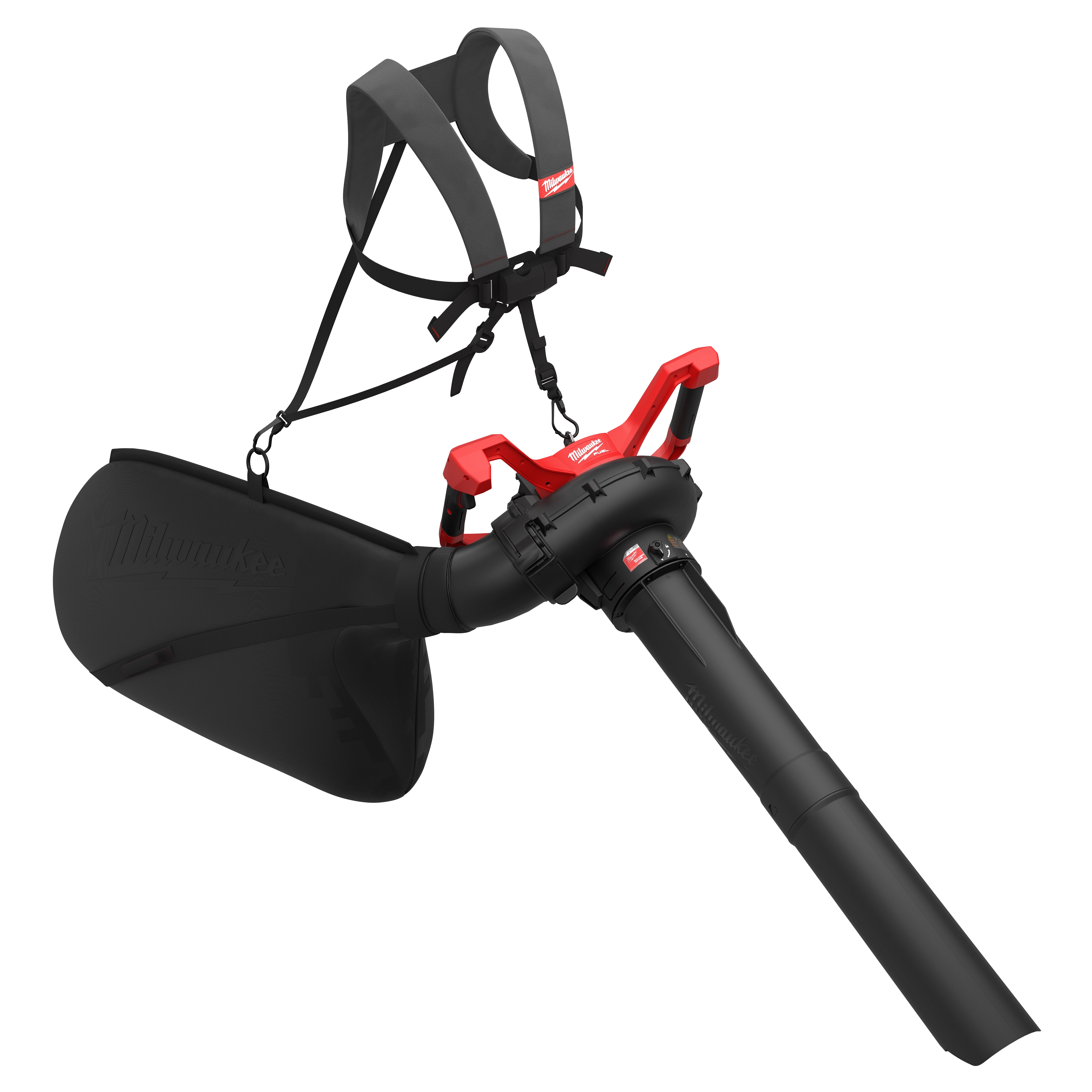 M18 FUEL Dual Battery Mulching Vacuum with shoulder harness, collection bag, and long nozzle against a plain background.