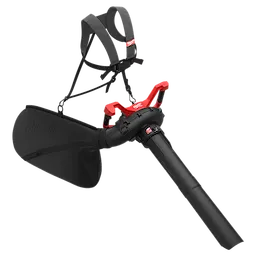 M18 FUEL Dual Battery Mulching Vacuum with shoulder harness, collection bag, and long nozzle against a plain background.