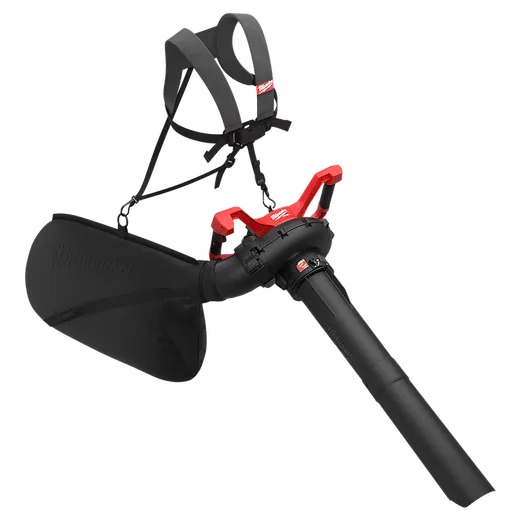 M18 FUEL Dual Battery Mulching Vacuum with shoulder harness, collection bag, and long nozzle against a plain background.