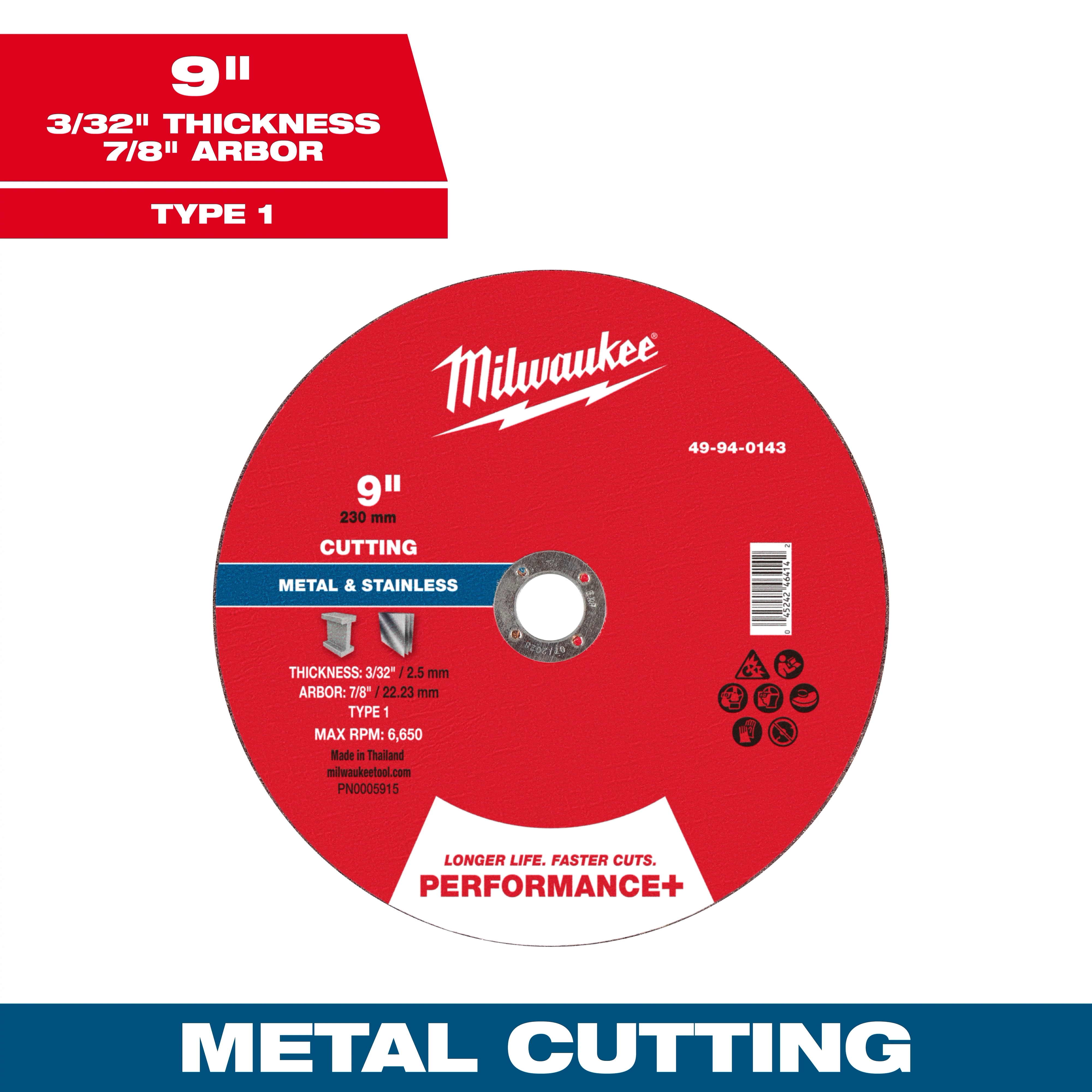 9" x 3/32" x 7/8" Performance+ Metal Cut Off Wheel - Type 1, for cutting metal and stainless, with a max RPM of 6,650.
