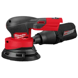 Red and black Milwaukee Fuel cordless orbital sander with a dust collection bag attached at the back.