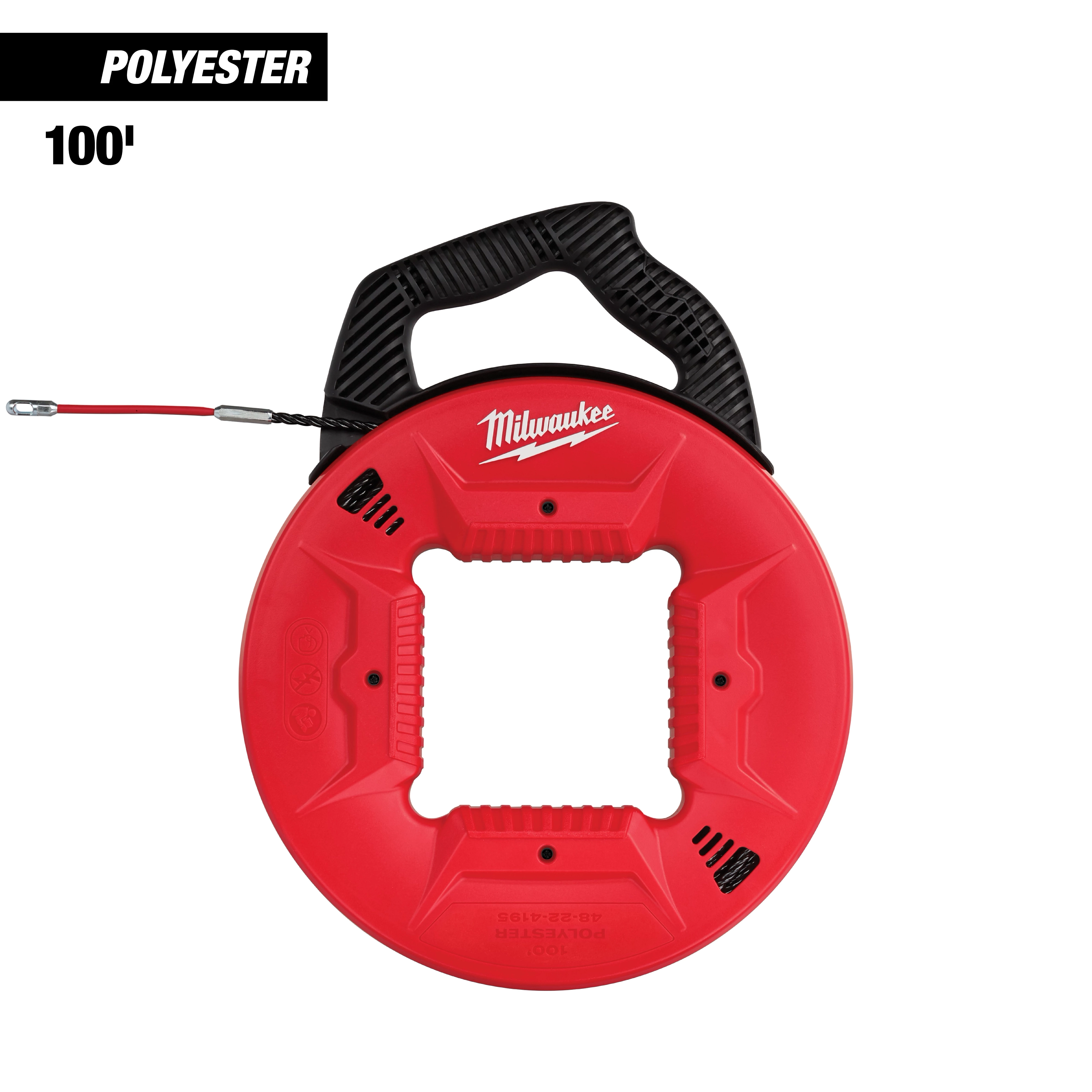 Product image of 100' Polyester Fish Tape with Flexible Metal Leader in a red and black casing featuring a handle.