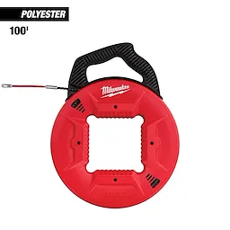 Product image of 100' Polyester Fish Tape with Flexible Metal Leader in a red and black casing featuring a handle.