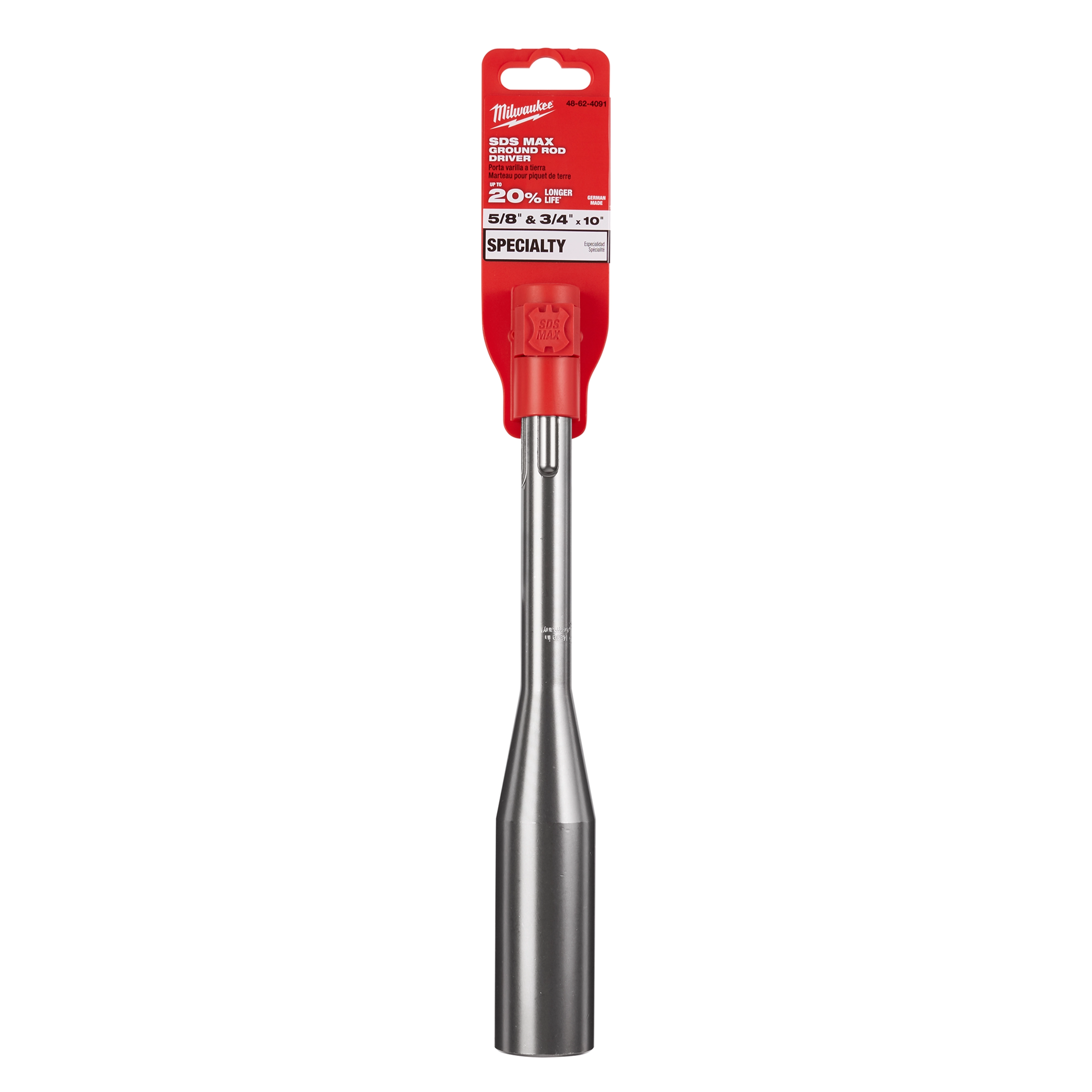 SDSMAX GROUND ROD DRIVER in red and silver packaging for 5/8" and 3/4" ground rod installation, labeled 48-62-4091.