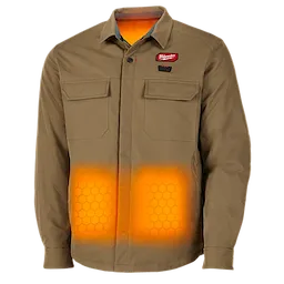 The M12(TM) Heated Shirt Jacket is a khaki-colored jacket featuring dual front pockets and a visible heating element around the lower torso area. The jacket has the Milwaukee logo on the left chest, along with a button for heat level control.