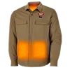 The M12(TM) Heated Shirt Jacket is a khaki-colored jacket featuring dual front pockets and a visible heating element around the lower torso area. The jacket has the Milwaukee logo on the left chest, along with a button for heat level control.