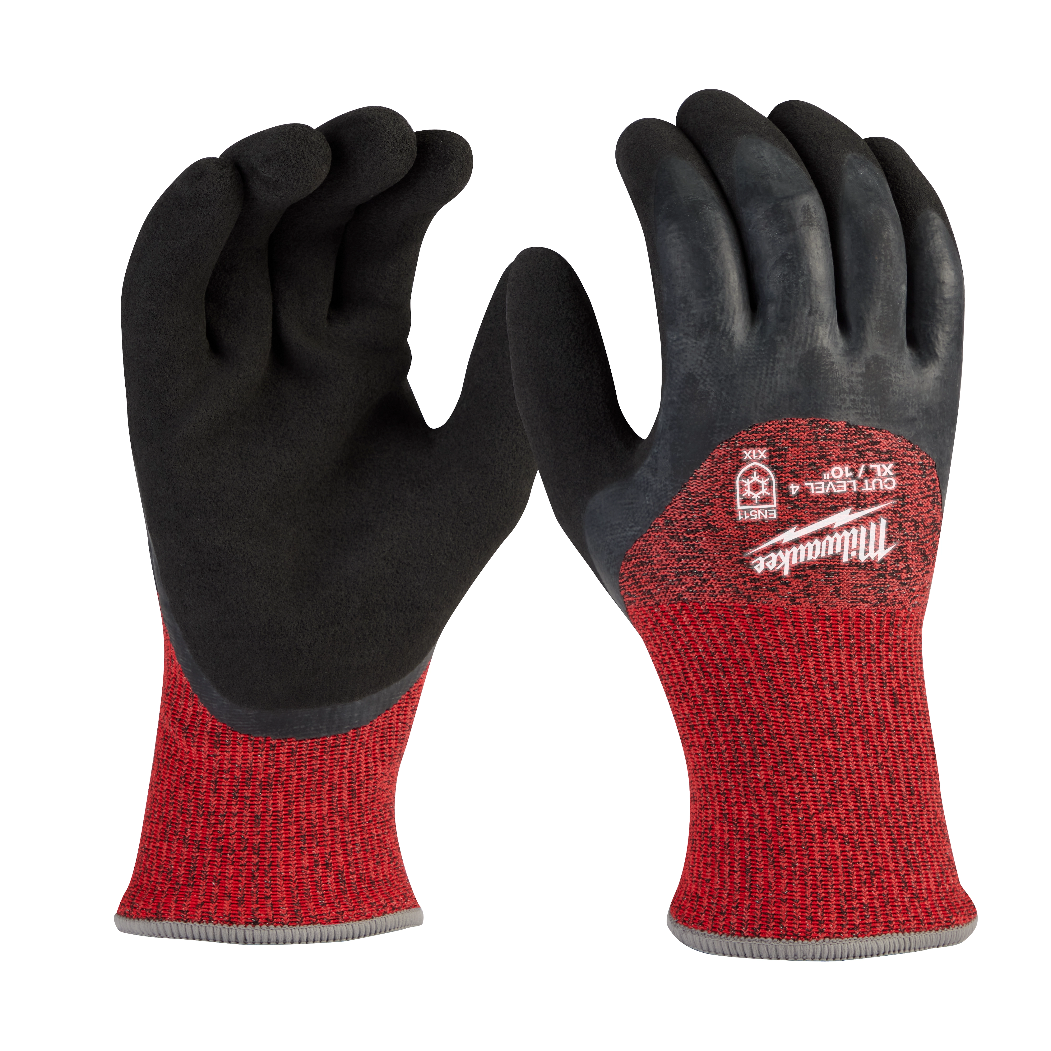 Cut Level 4 Winter Dipped Gloves - XL, shown in red and black, with reinforced palms and fingers for extra protection and grip.
