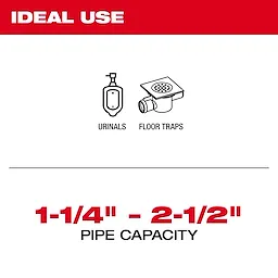 Milwaukee Drain Snake is ideal for cleaning urinals and floor traps. It accommodates pipe sizes from 1-1/4 inches to 2-1/2 inches in diameter.