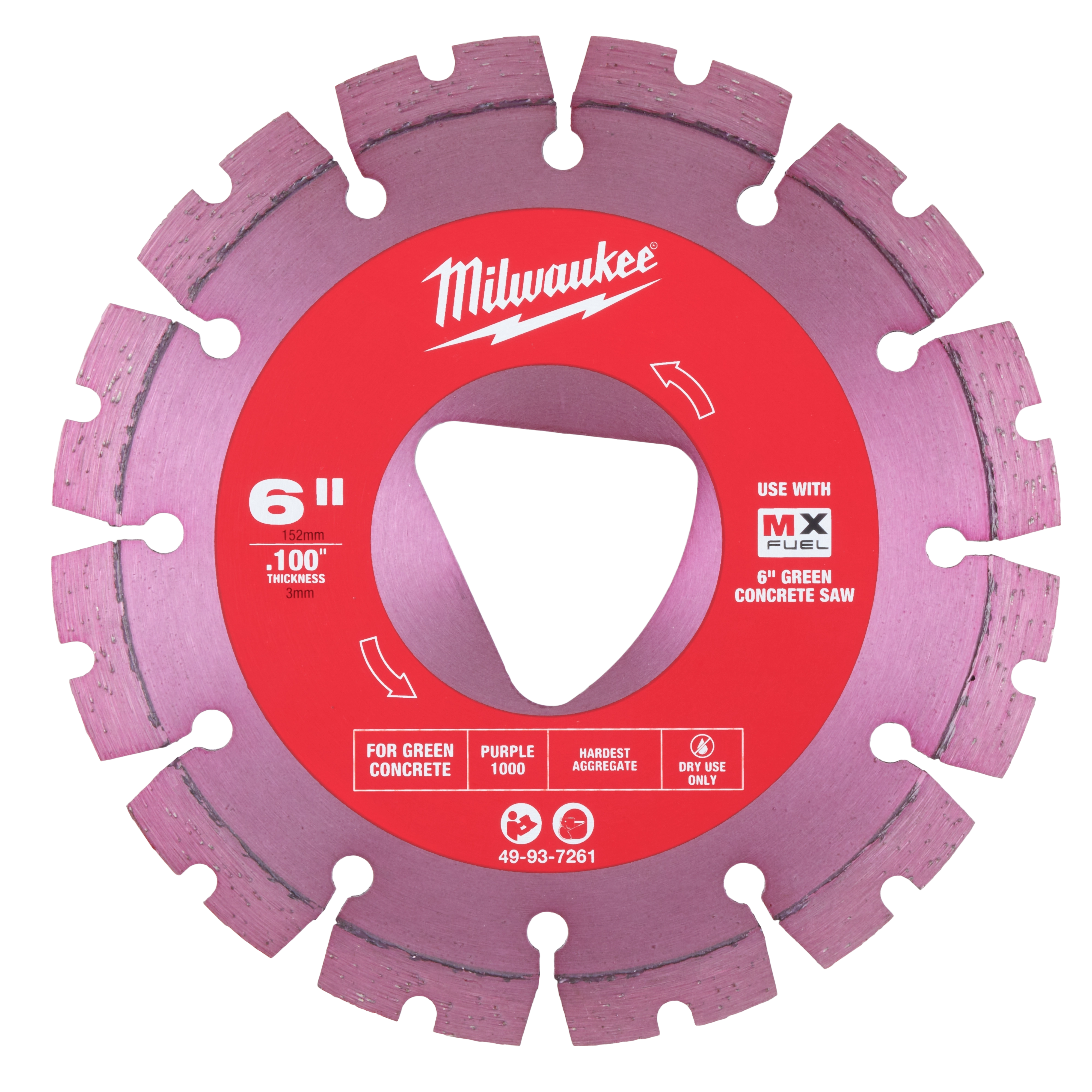 Purple 6” x .100” Diamond Blade for Green Concrete by Milwaukee, featuring a red center and segmented purple rim for efficient cutting.