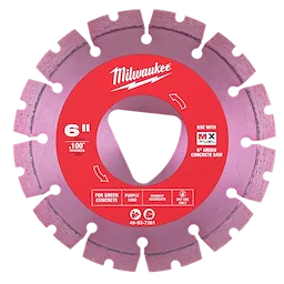 Purple 6” x .100” Diamond Blade for Green Concrete by Milwaukee, featuring a red center and segmented purple rim for efficient cutting.