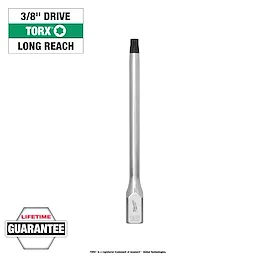 1/4" Drive T45 Long TORX Bit Socket with silver finish, long reach design, and a lifetime guarantee. Text includes "3/8" Drive" and "TORX."