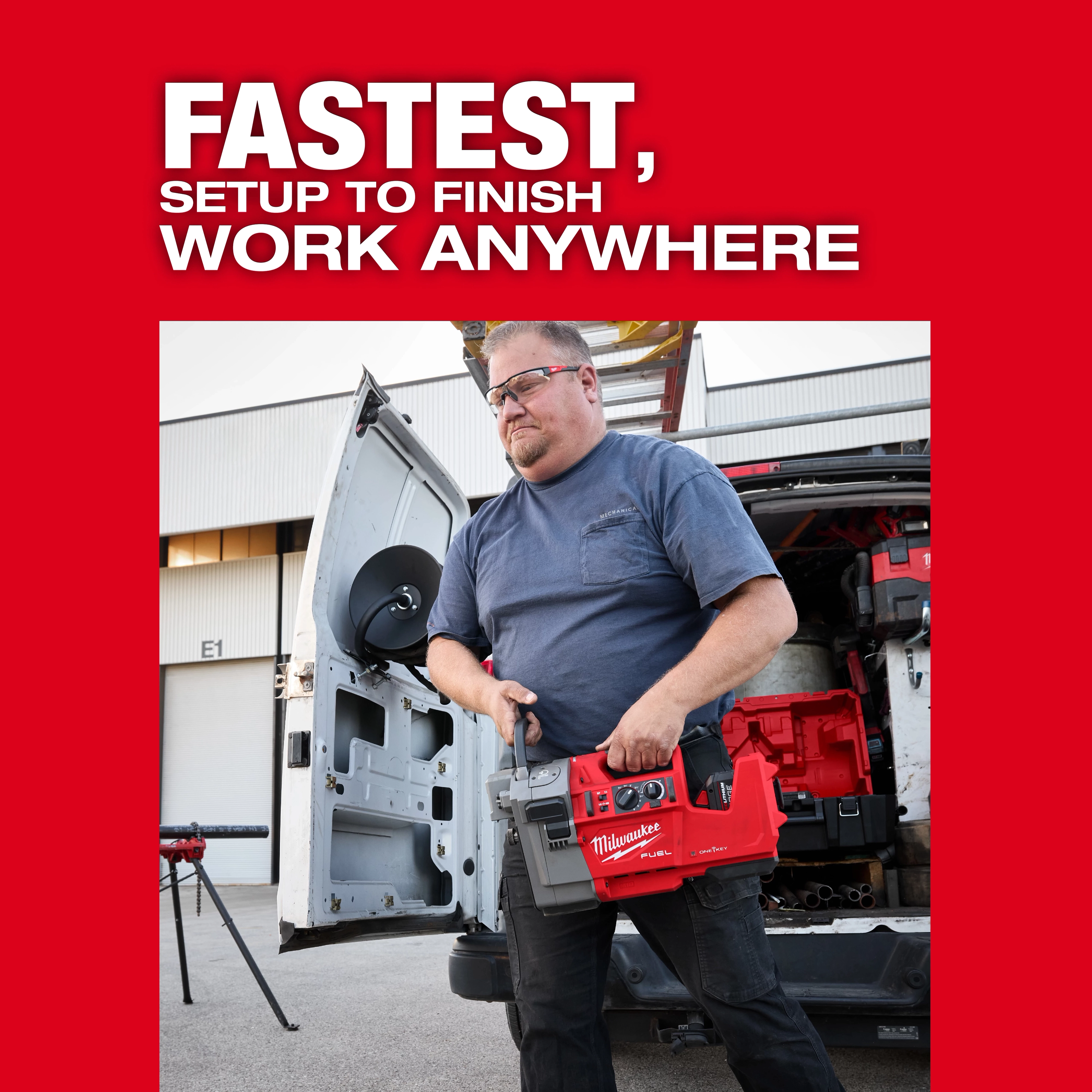 A person holds the M18 FUEL™ RINGER™ Roll Groover for 1-1/4” - 4” Sch 10/40, 6” Sch 10 in front of an open van. The text above reads, "Fastest, setup to finish, work anywhere" against a red background.