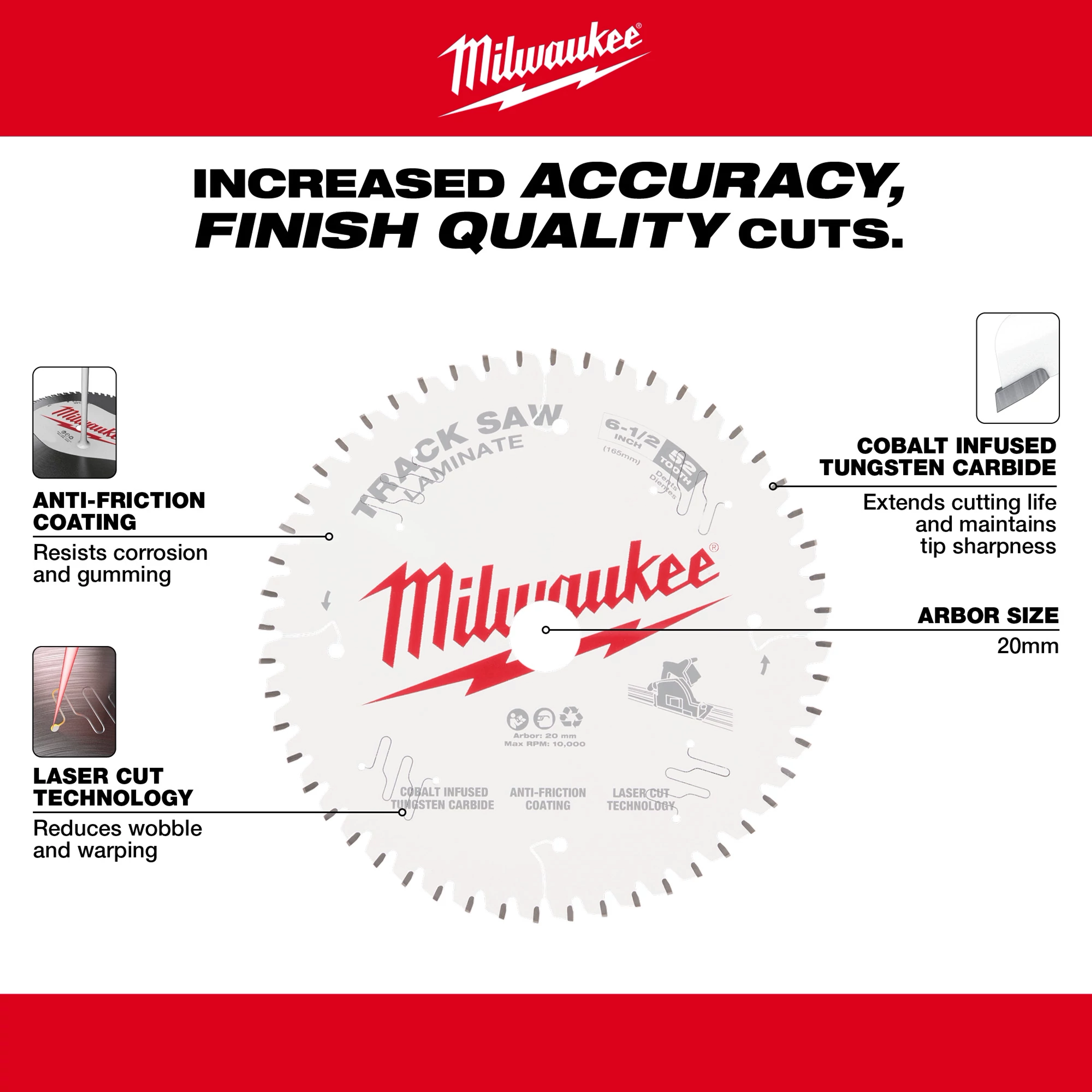 Milwaukee 48-40-0643 Laminate Track Saw Blade features a 20mm arbor, anti-friction coating, laser cut technology, and cobalt-infused tungsten carbide.