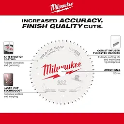 Milwaukee 48-40-0643 Laminate Track Saw Blade features a 20mm arbor, anti-friction coating, laser cut technology, and cobalt-infused tungsten carbide.