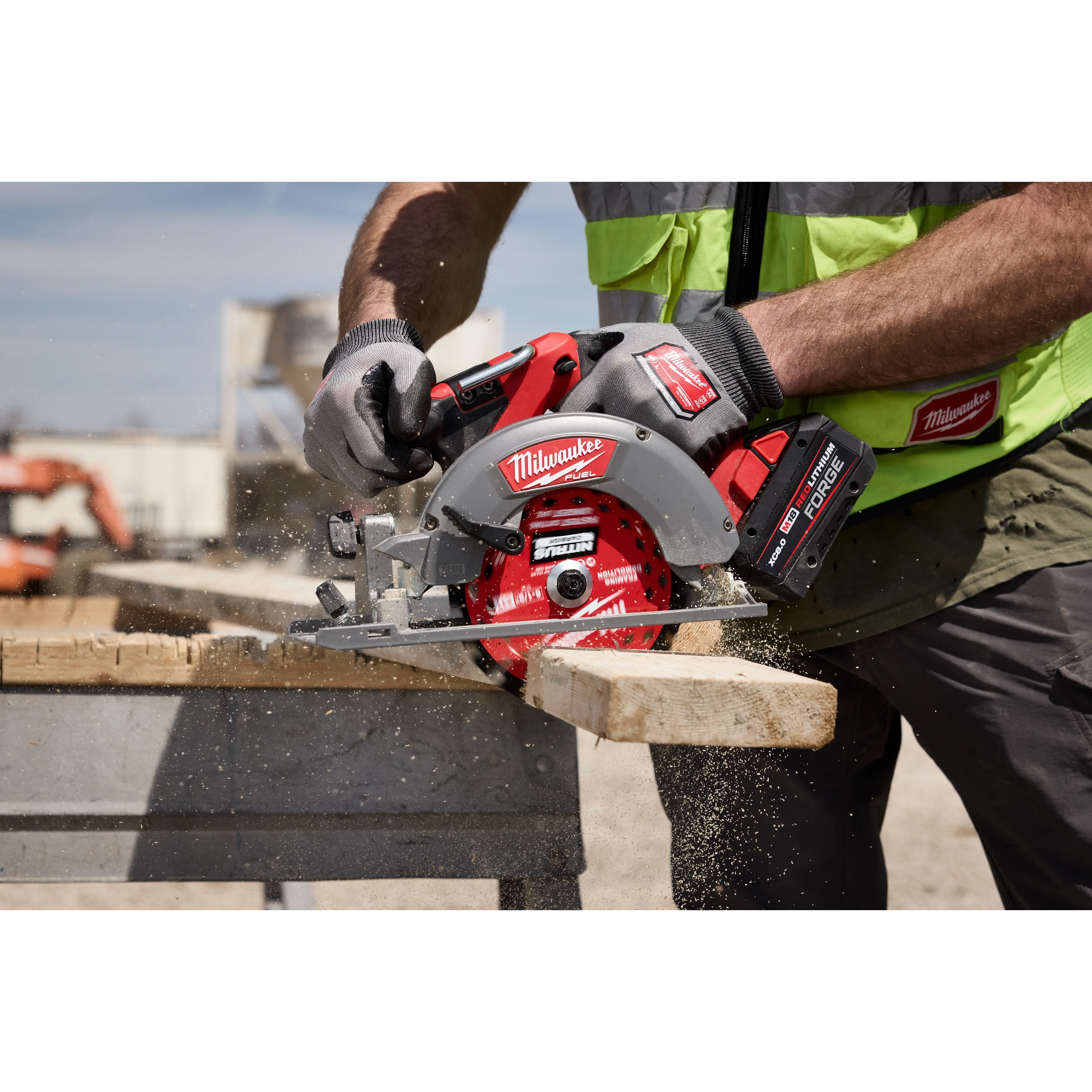 Worker cutting lumber with a circular saw using a 6-1/2” 24T NITRUS Carbide Framing & Demolition Circular Saw Blade.
