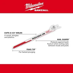 The Rough-In™ blade Walkaround features Milwaukee Sawzall branding, cuts 2-1/8" holes in wood, shingles, and plastics, includes Nail Guard™ to prevent tooth fracture when cutting nails, and has Fang Tip™ for fast plunging. The blade is white with red accents and labeled with product specifications.