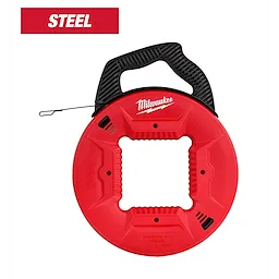 Milwaukee 1/4" 100' Steel Fish Tape in a red circular case with black handle and wire pulling loop, text "Steel" displayed above.