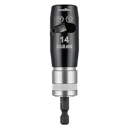 The image shows a tool labeled "14 AWG SOLID" designed for stripping solid wire. It features black and silver parts, including an arrow and icons indicating cutting and stripping functions. The tool has a hexagonal bit at the bottom for use with a driver.