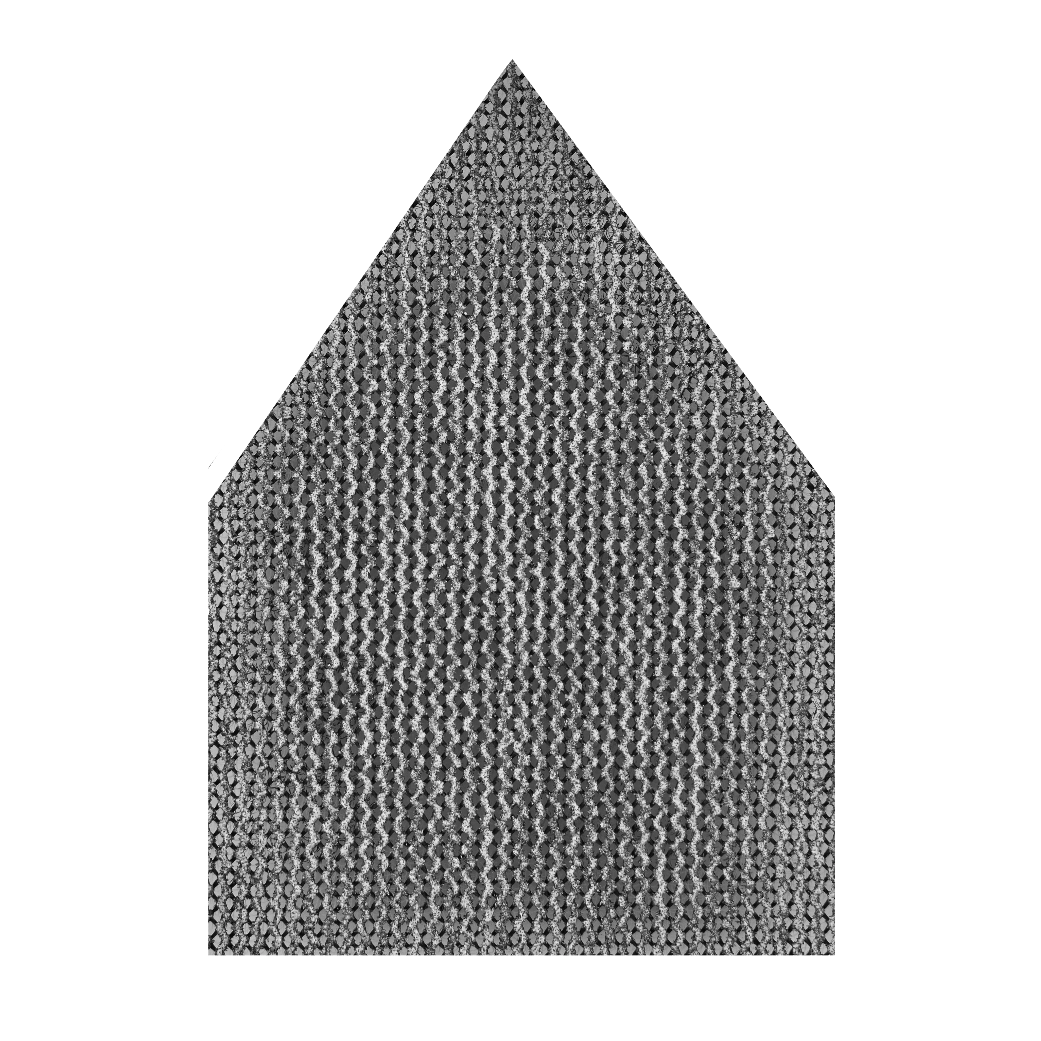 80 Grit Mesh Sanding Sheet with a pointed top and rectangular base, featuring a dark, textured grid pattern for abrasive sanding.