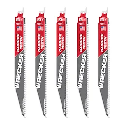 Five 9-inch, 6 TPI THE WRECKER™ SAWZALL® blades with carbide teeth are displayed. The blades feature red and gray labels that read "WRECKER", "CARBIDE TEETH," and "MULTI-MATERIAL". They are packaged in a set of five. A small American flag is visible on each blade.