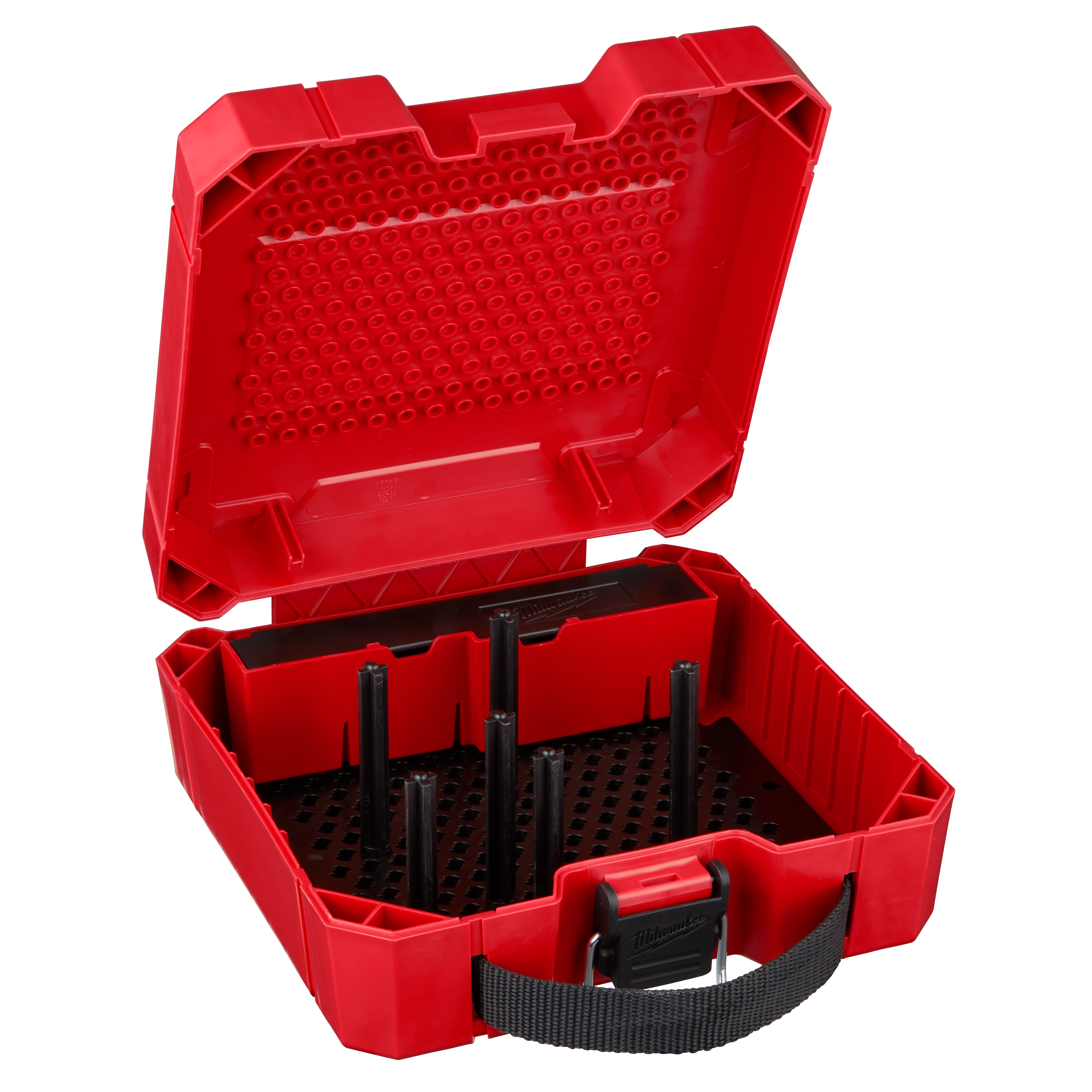 Red Hole Dozer Empty Kit Case with black handle and compartments, open to show interior storage for tools.
