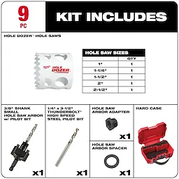 HOLE DOZER Large Diameter Hole Saw Kit - 9PC includes saws in sizes 1", 1-1/4", 1-1/2", 2", 2-1/2", arbors, adapter, spacer, and hard case.