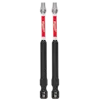 The image shows two SHOCKWAVE™ 3-1/2" Impact Duty T20 Bits (2 PK) by Milwaukee. They have red and black handles with silver tips, designed for high durability in impact driver applications.
