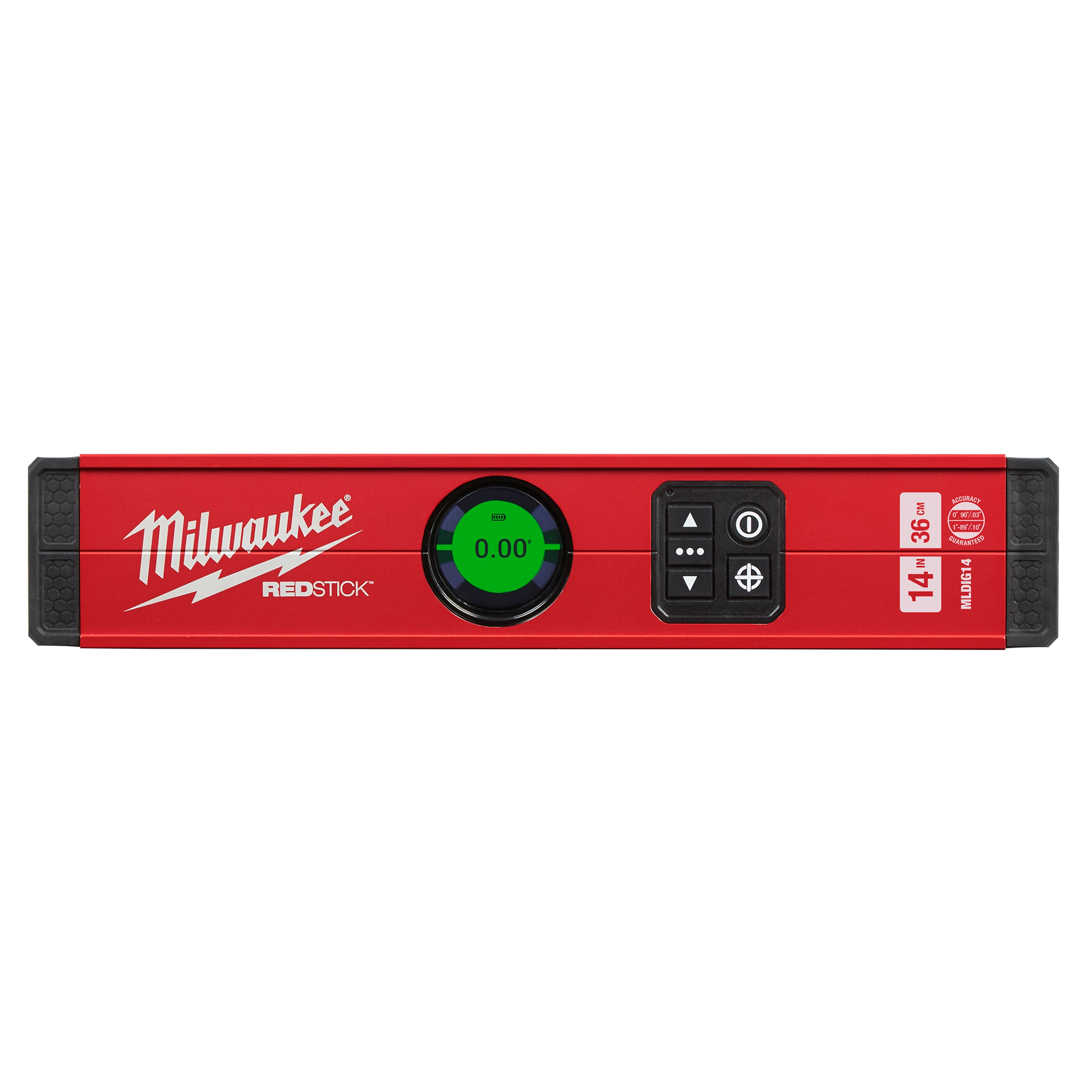 Milwaukee REDSTICK Digital Level with PINPOINT Measurement Technology, 14-inch, features a digital display and control buttons.