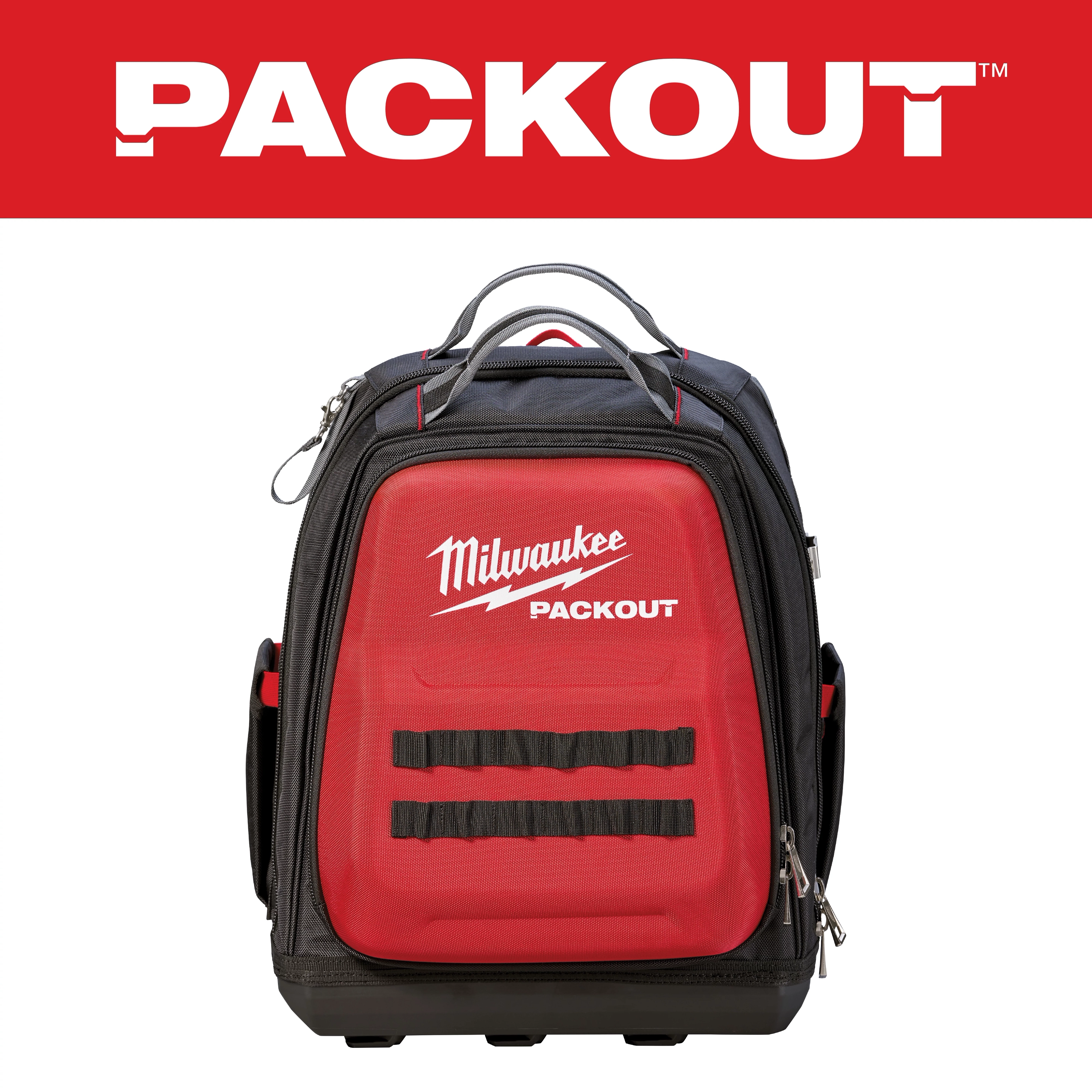 Milwaukee Packout backpack with black and red design, featuring multiple compartments and a front logo under a red "PACKOUT" banner.