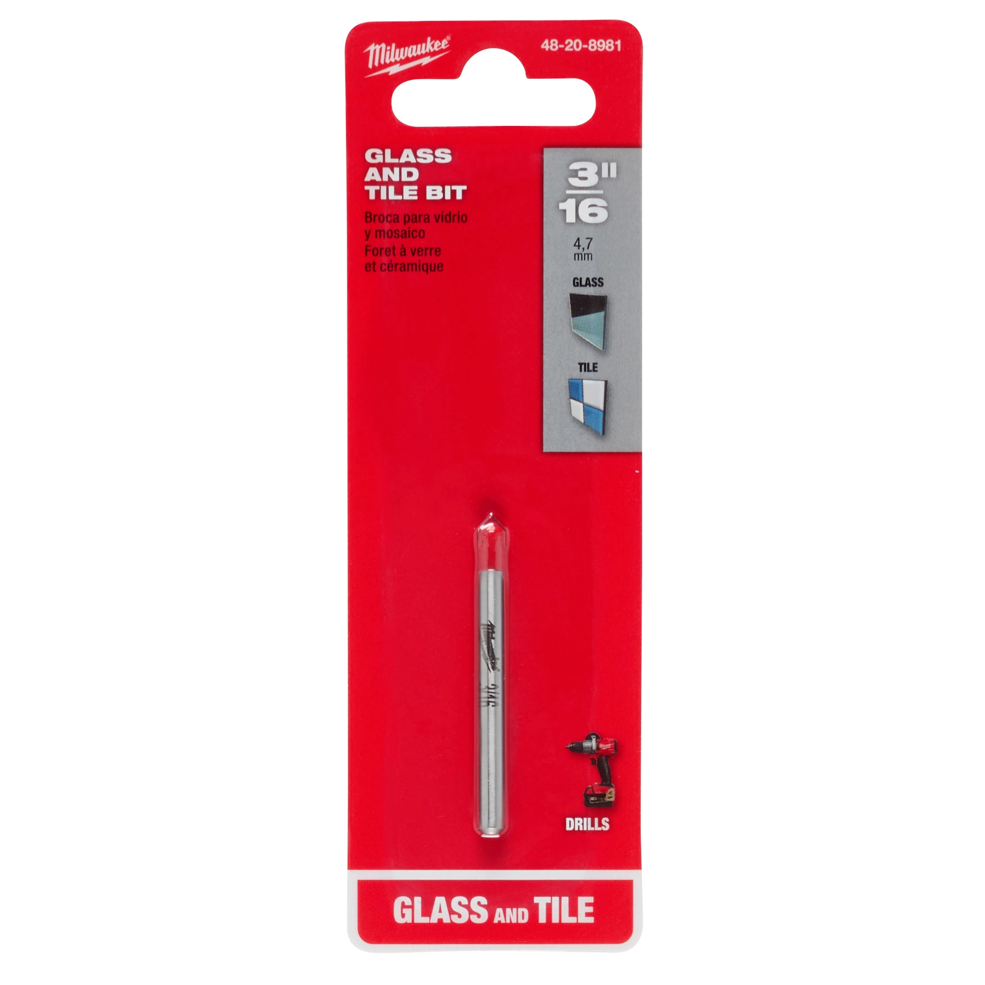 Milwaukee Glass and Tile Bit, 3/16”. Package is red with drilling instructions, compatible with glass and tile materials.