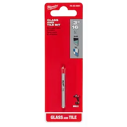Milwaukee Glass and Tile Bit, 3/16”. Package is red with drilling instructions, compatible with glass and tile materials.