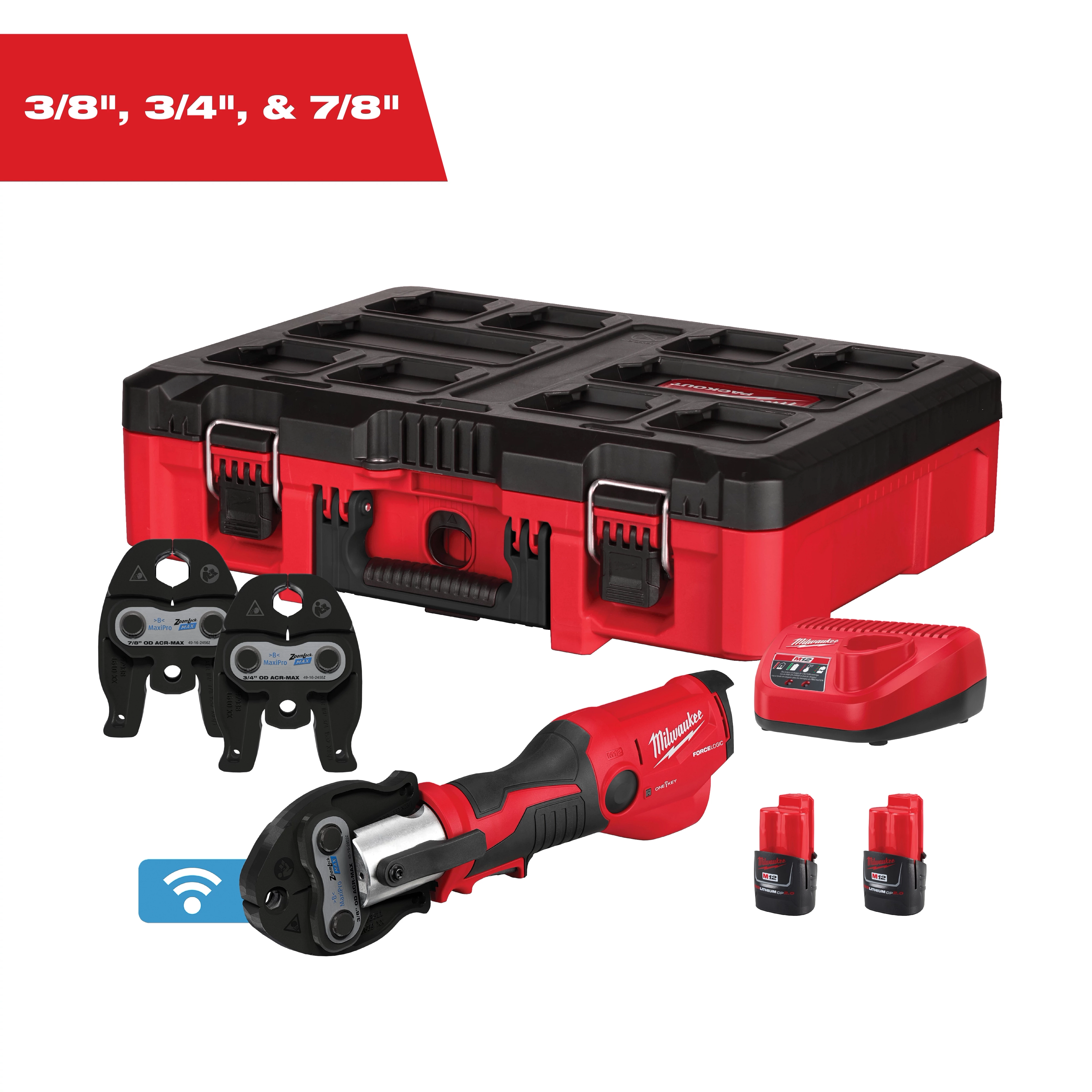 M12 FORCE LOGIC PRESS TOOL KIT w/ ONE KEY with 3/8", 3/4", & 7/8" ZoomLock MAX & >B< MaxiPro Press Jaws, case, charger, batteries.
