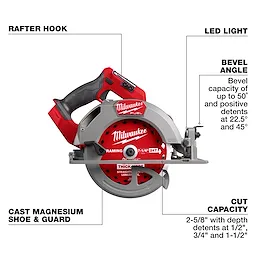 The M18 FUEL™ 7-1/4” Circular Saw features a rafter hook, LED light, cast magnesium shoe and guard, and bevel capacity up to 50 degrees. It has a cut capacity of 2-5/8” with depth detents at 1/2", 3/4", and 1-1/2".