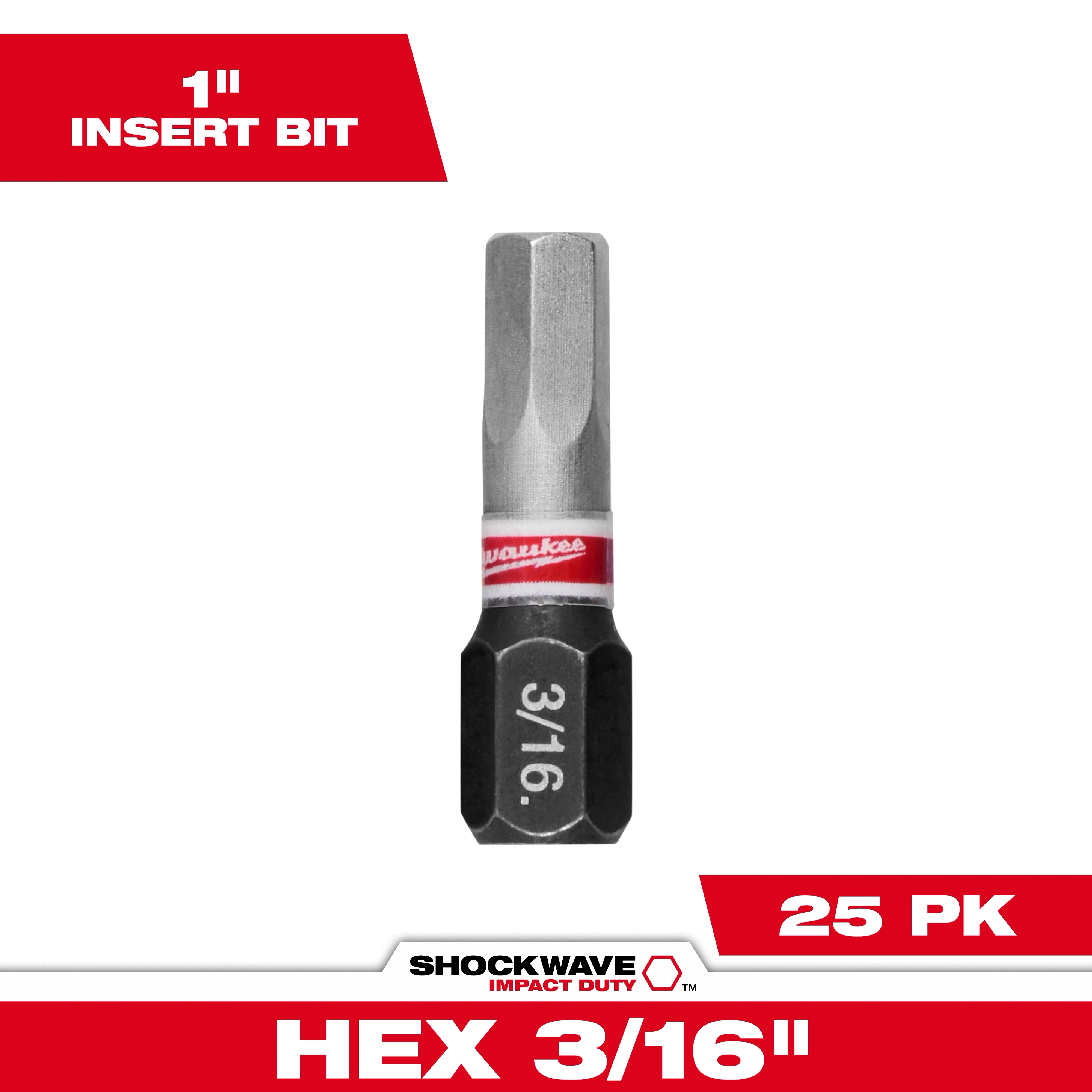 Product image of SHOCKWAVE™ 1" Impact Duty Hex 3/16" Insert Bits Bulk, packaged in a set of 25. The bit features a hexagonal shape, marked "3/16," and is designed for impact duty usage.