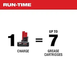 The image states that one charge of the M12 12-Volt Lithium-Ion Cordless Grease Gun battery can dispense up to seven grease cartridges.