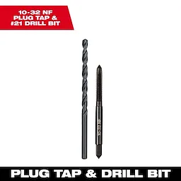10-32 NF Straight Flute Plug Tap and #21 Drill Bit shown side by side on a white background with product names highlighted.