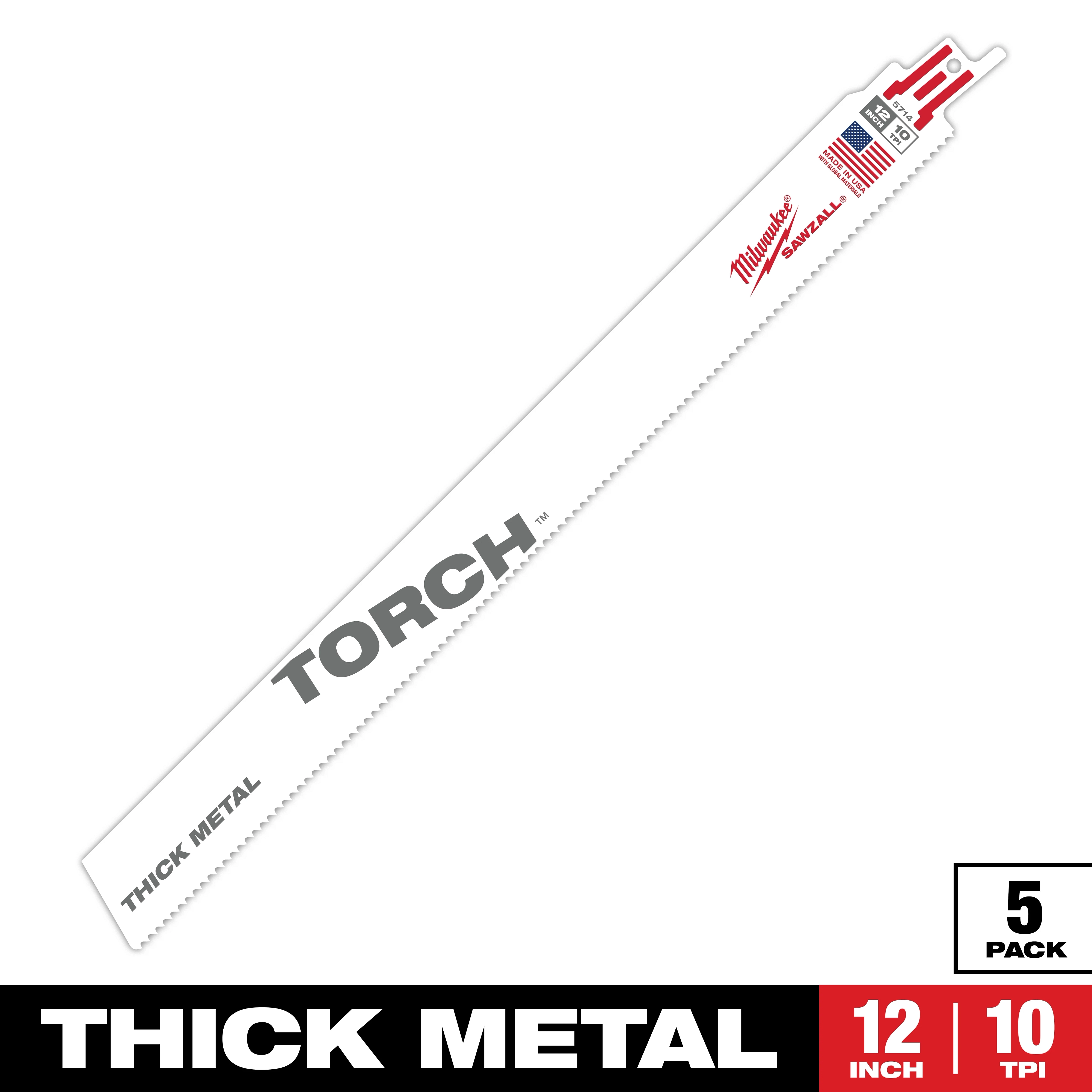 The Sawzall Bi-Metal Carbide Primary Images product is a 12-inch Torch branded thick metal cutting blade with 10 teeth per inch (TPI). This blade comes in a pack of five and is designed for heavy-duty metal cutting applications.