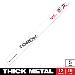 The Sawzall Bi-Metal Carbide Primary Images product is a 12-inch Torch branded thick metal cutting blade with 10 teeth per inch (TPI). This blade comes in a pack of five and is designed for heavy-duty metal cutting applications.